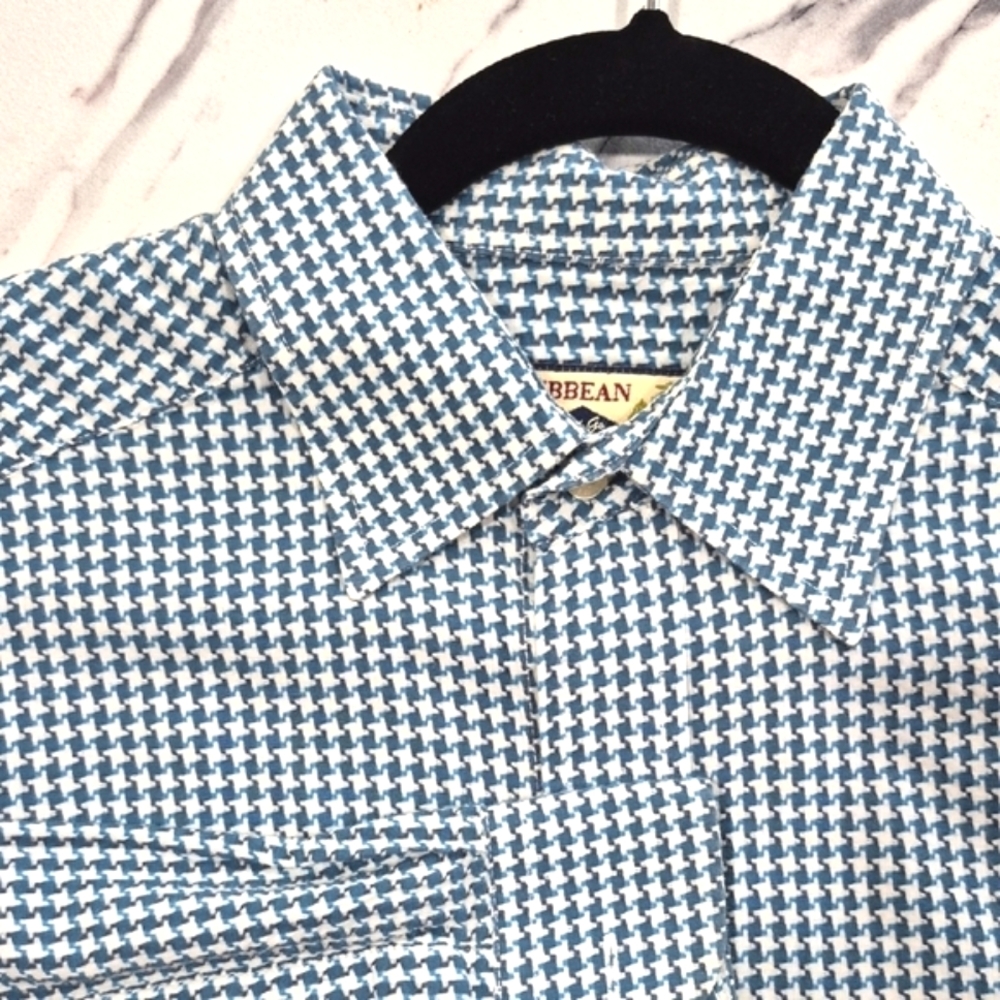 EUC Caribbean Joe Long Sleeve Button Down Shirt Teal Houndstooth, Medium
